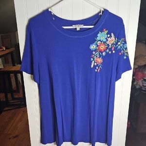 Umgee Royal Blue Floral Embroidered Short Sleeve Top